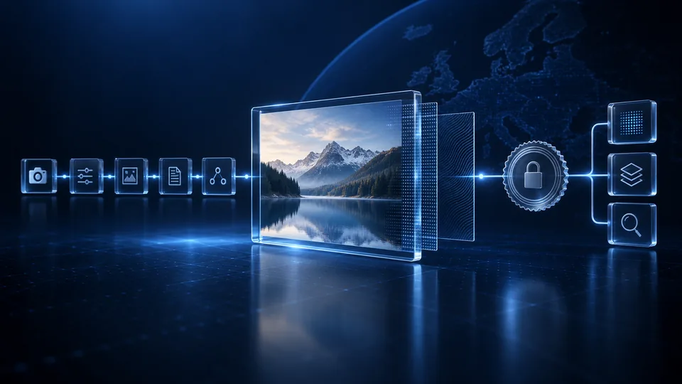 Conceptual illustration of digital content connected to technical marks, a signature and provenance information
