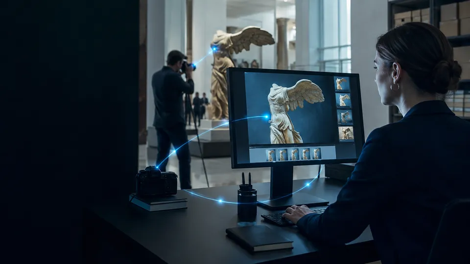 Illustration of a photo workflow, from capturing a sculpture to editing it on a computer