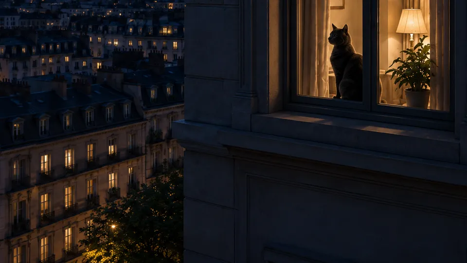 Illustrative night scene with a cat at a lit window and a city in the background