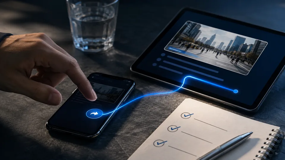 A hand pauses over the share control on a phone beside a news story on a tablet and a checklist
