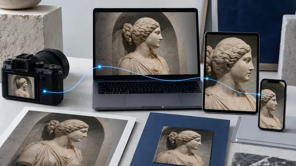 Illustration of the same sculpture image on a camera, computer, tablet and phone