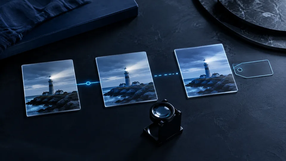 Three lighthouse images on transparent cards, with a broken connection and empty label beside the last copy