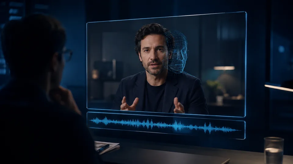 An analyst watches a fictional presenter on video with a digital face outline and an audio track
