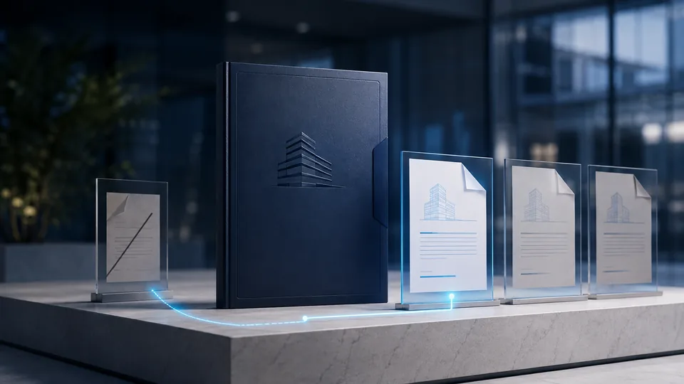 A central corporate folder beside distributed documents and an earlier version set aside