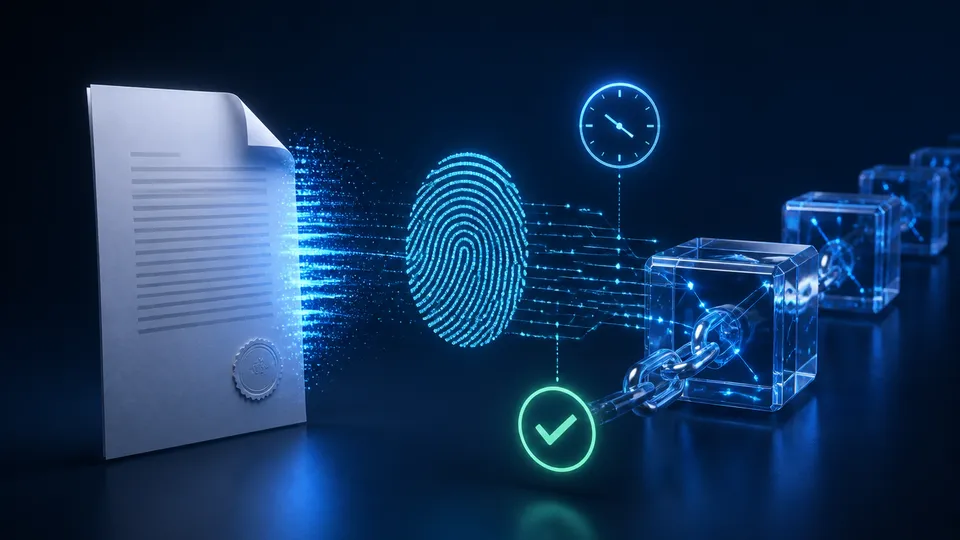 Illustration of a document connected to a fingerprint and a time record