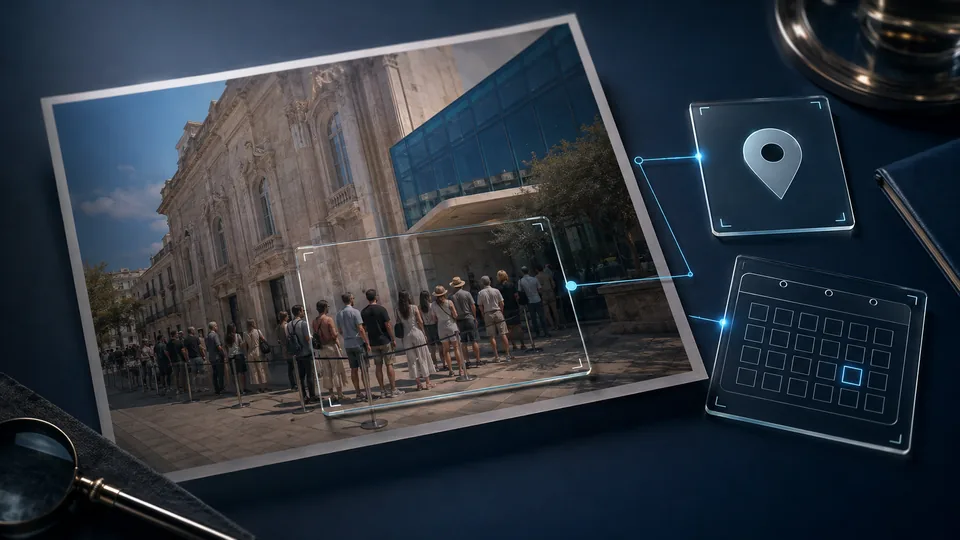 Illustrative photograph of a queue outside a museum beside a calendar, location marker and crop frame
