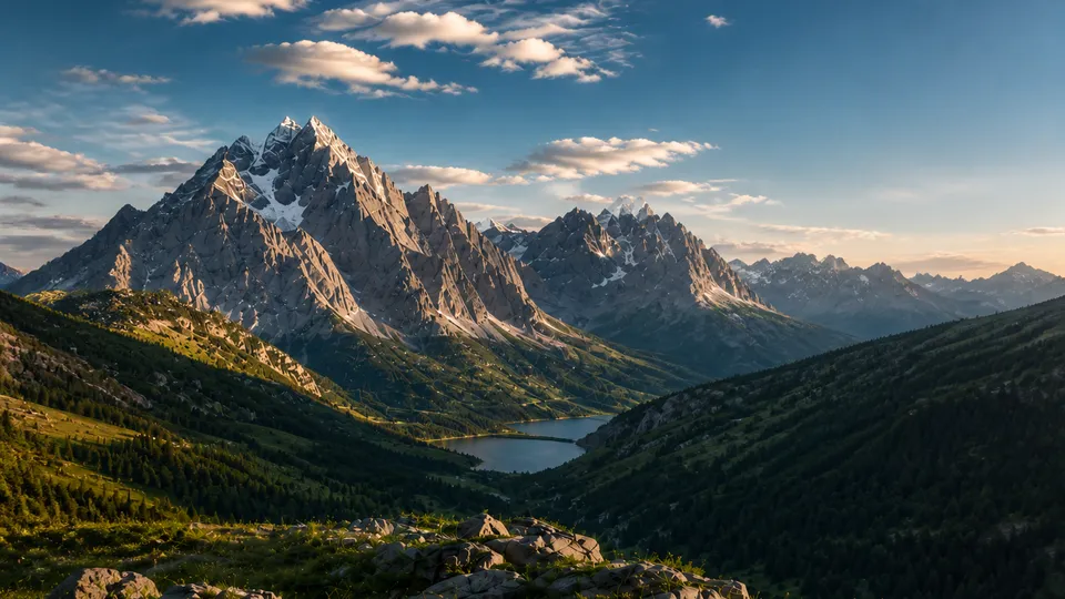 Mountain landscape with lakes, used to distinguish a visible location from declared metadata