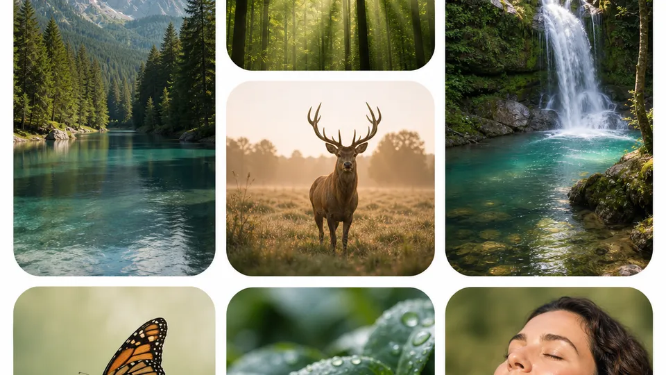 Illustrative collection of landscape, nature and portrait images as examples of media-kit assets