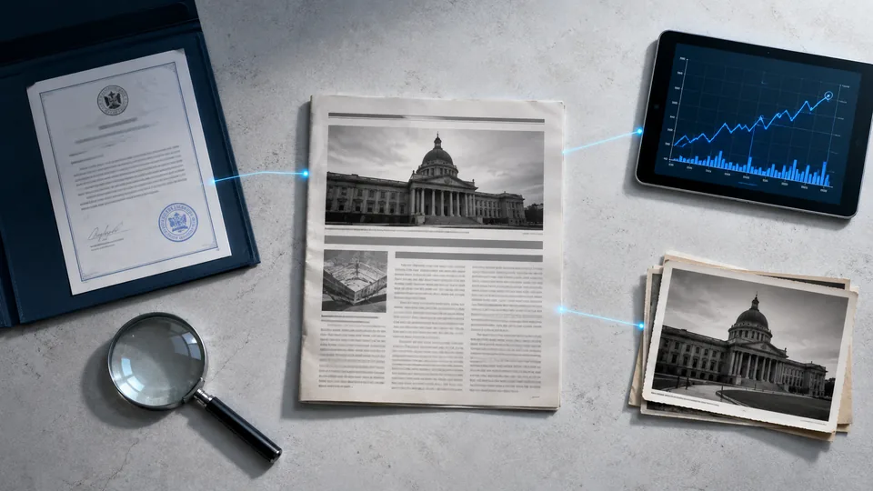 A newspaper clipping connected to a document, a chart on a tablet and an archive photograph
