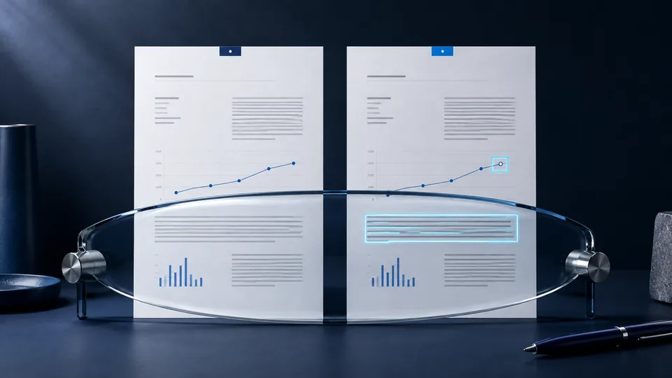 Two versions of a document with charts compared through a lens that highlights a difference in the text