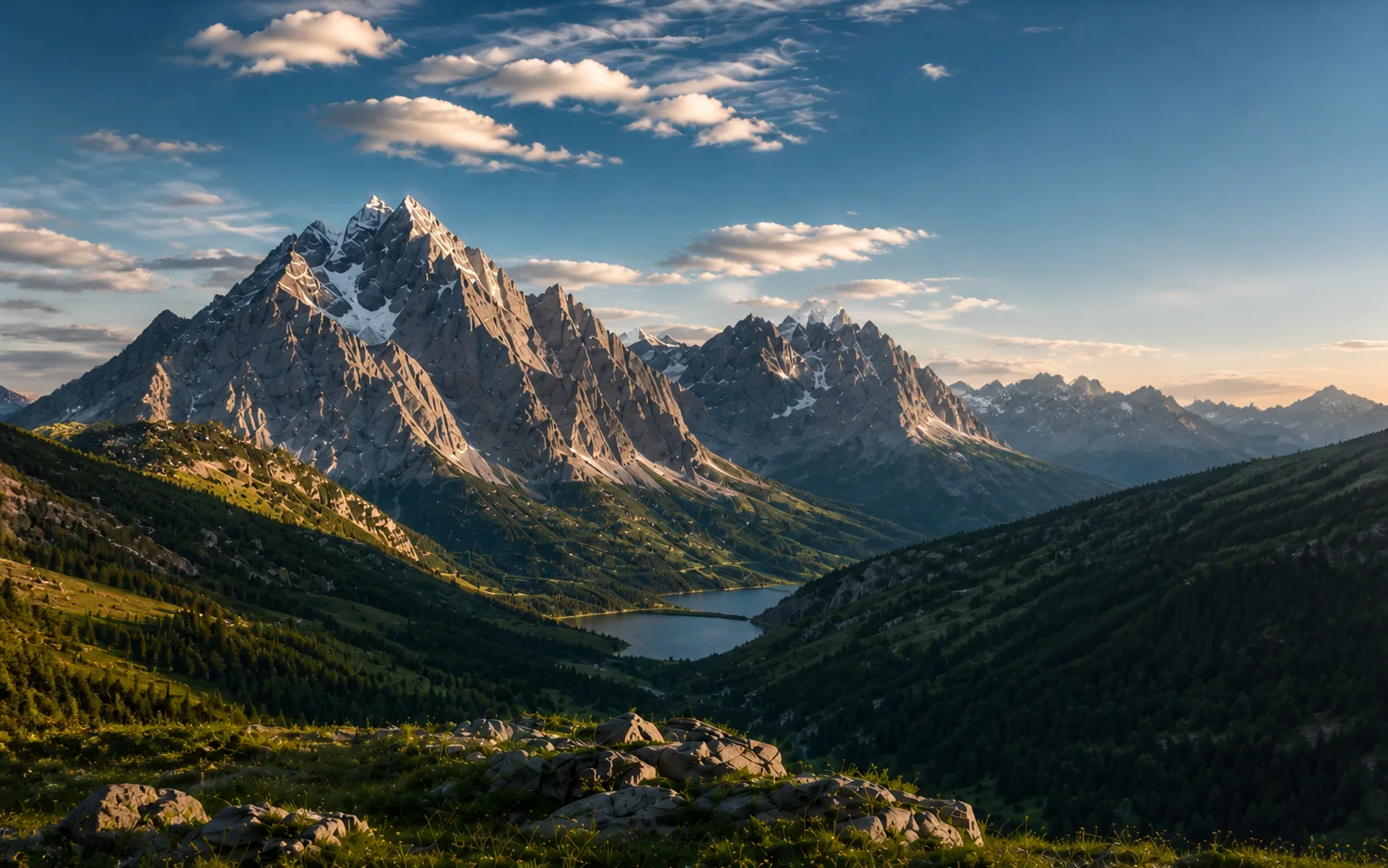 An Alpine landscape with sunlit mountains and a lake in the valley