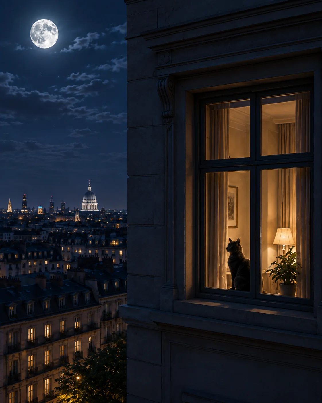 Un gatto alla finestra illuminata, sopra i tetti di Parigi al chiaro di luna