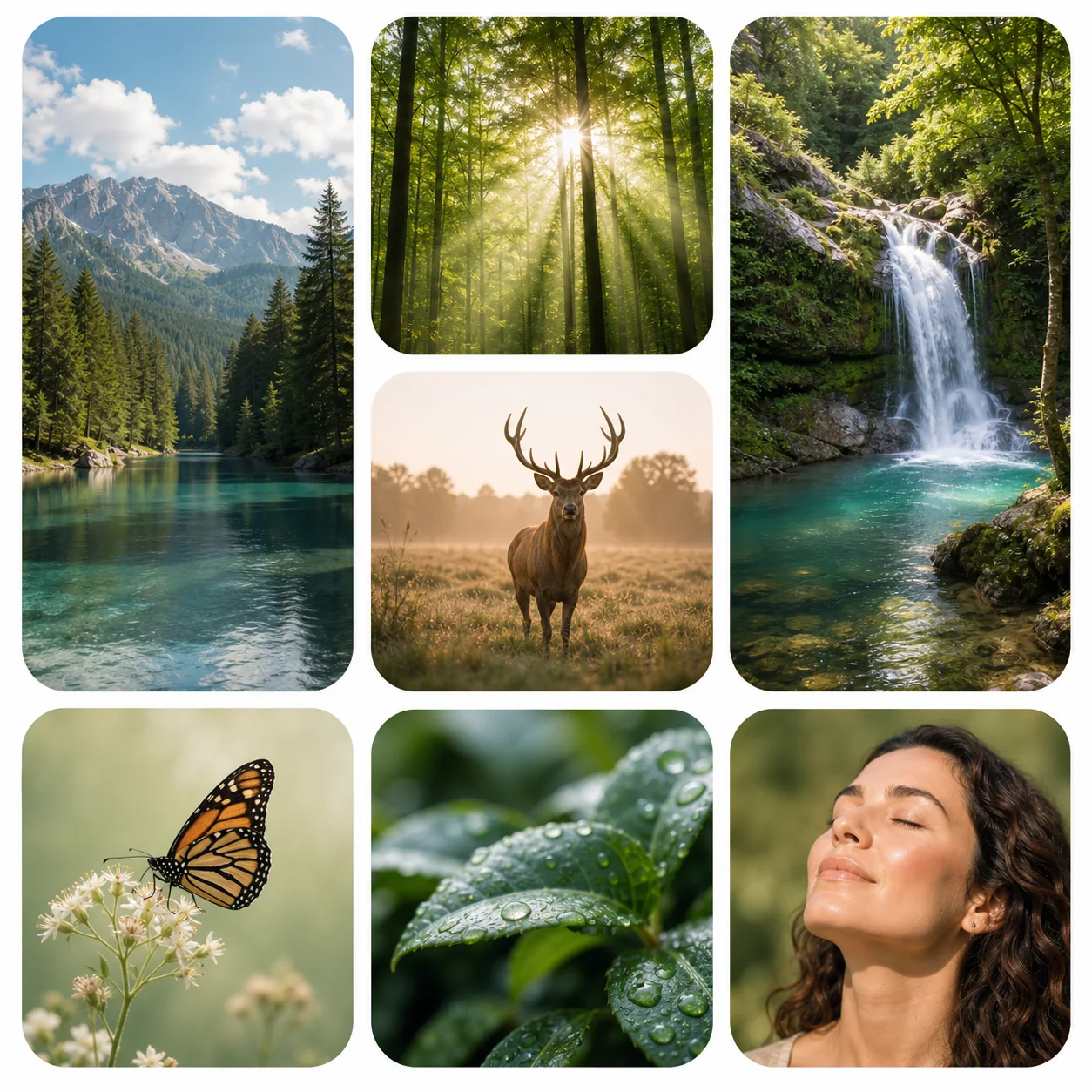 A photo mosaic of natural landscapes, wildlife, leaves and a person in sunlight