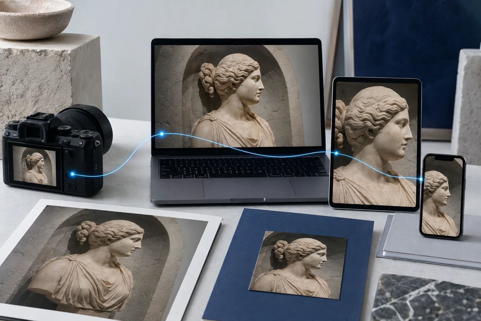 The same image moves across camera, computer, tablet, print and phone while retaining a thread of provenance