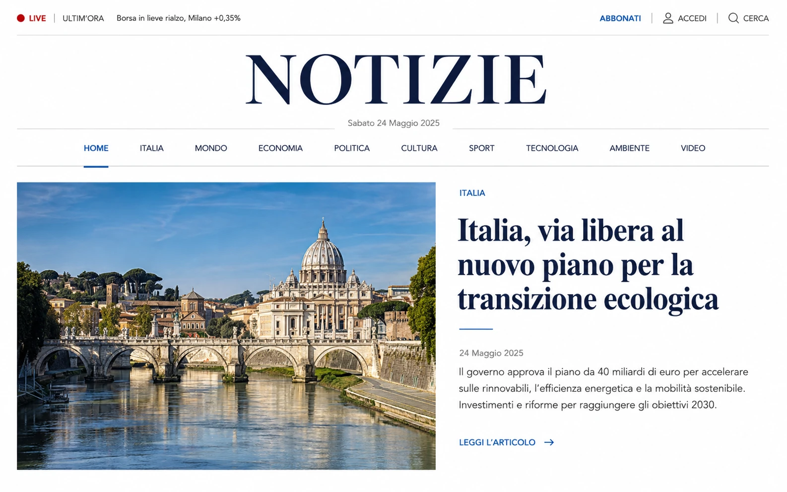 Notizie editorial page with a lead article on the green transition
